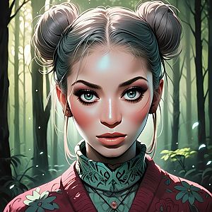 Digital portrait of a woman with blue eyes in a forest