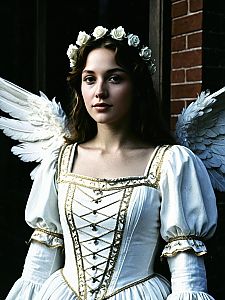 Woman in Romeo Juliet Angel Costume with White Wings and Floral Crown