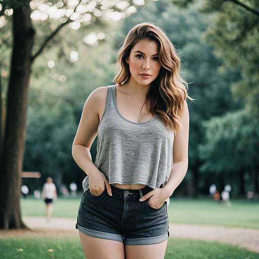 Young Woman in Casual Outfit Posing in Park Outdoors
