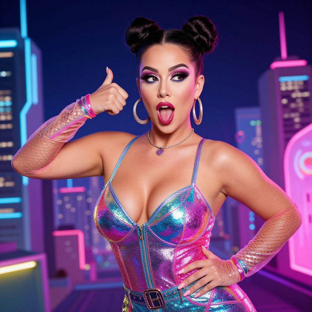 Futuristic Neon Cyberpunk Woman in Holographic Outfit