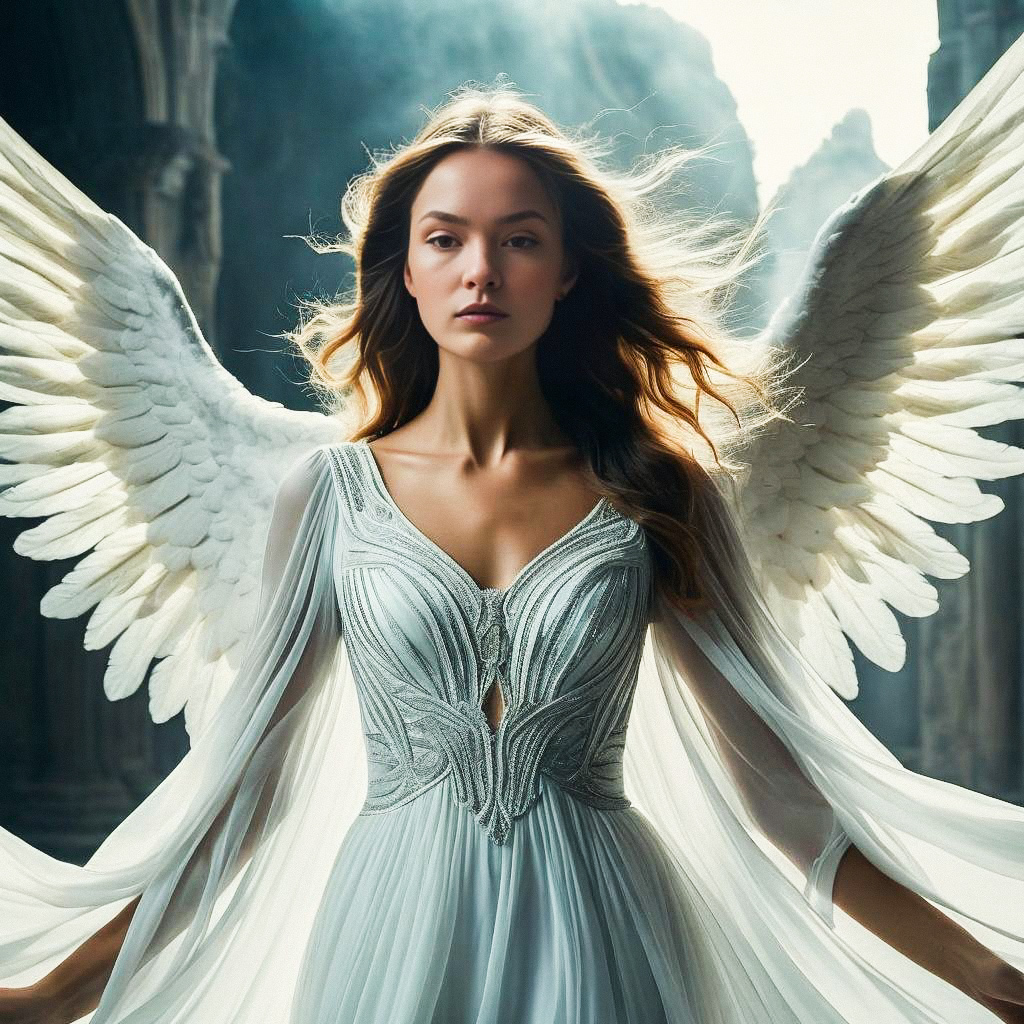Serene Woman with Angel Wings in Elegant Gown Serene Woman with Angel Wings in Elegant Gown