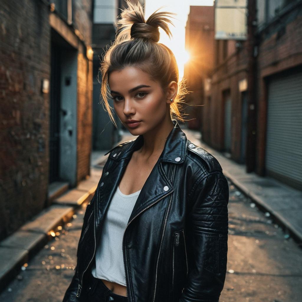 Young Woman in Leather Jacket Posing in Urban Alley at Golden Hour