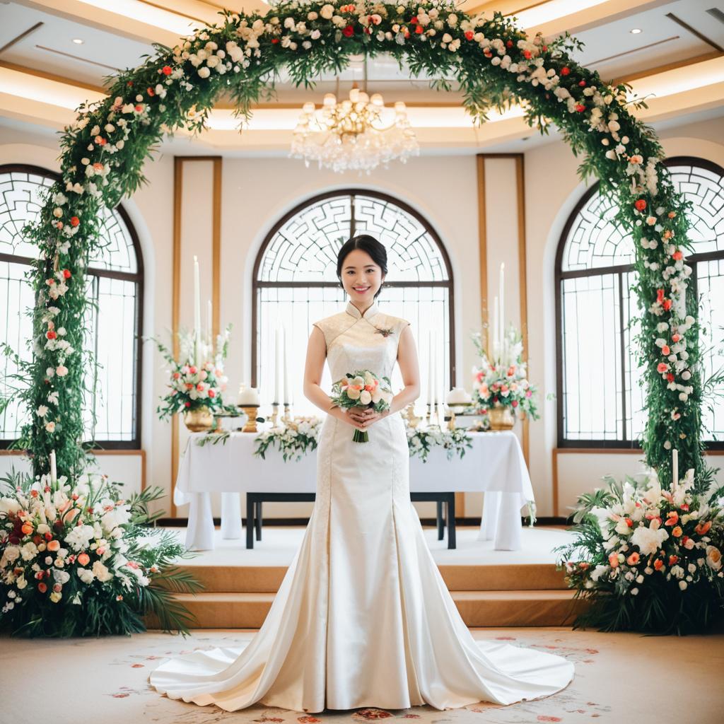 Elegant Bride in Traditional White Wedding Dress Under Floral Arch