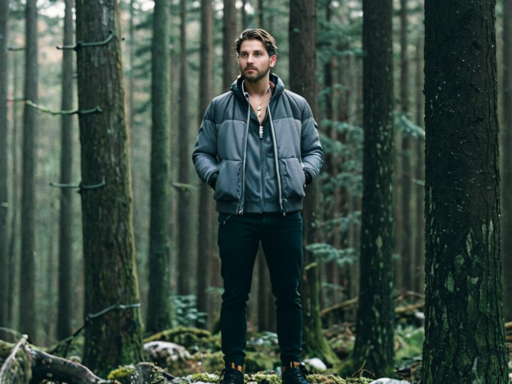 Man in Gray Jacket in Serene Forest