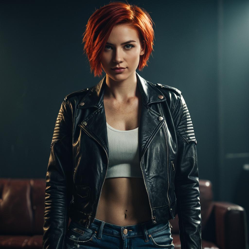 Confident Red-Haired Woman in Black Leather Jacket and White Crop Top