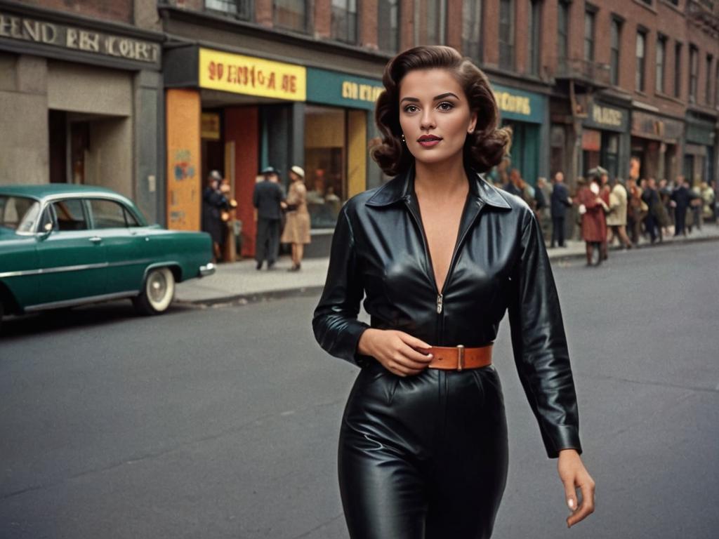 Poised woman in leather outfit on vibrant urban street