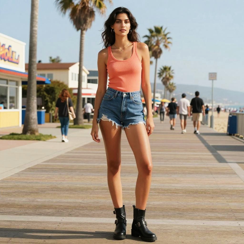 Tall Woman in Casual Streetwear Wearing Coral Tank Top and Distressed Denim Shorts