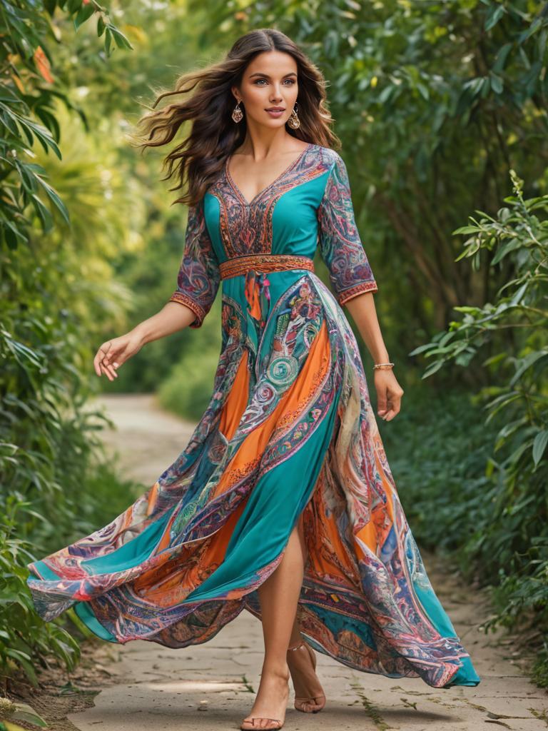 Woman in Colorful Bohemian Maxi Dress Outdoors