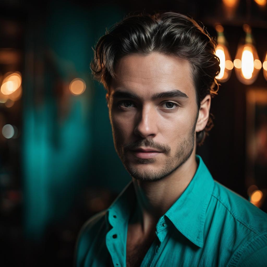 Close-up portrait of a young man with wavy dark hair in teal shirt