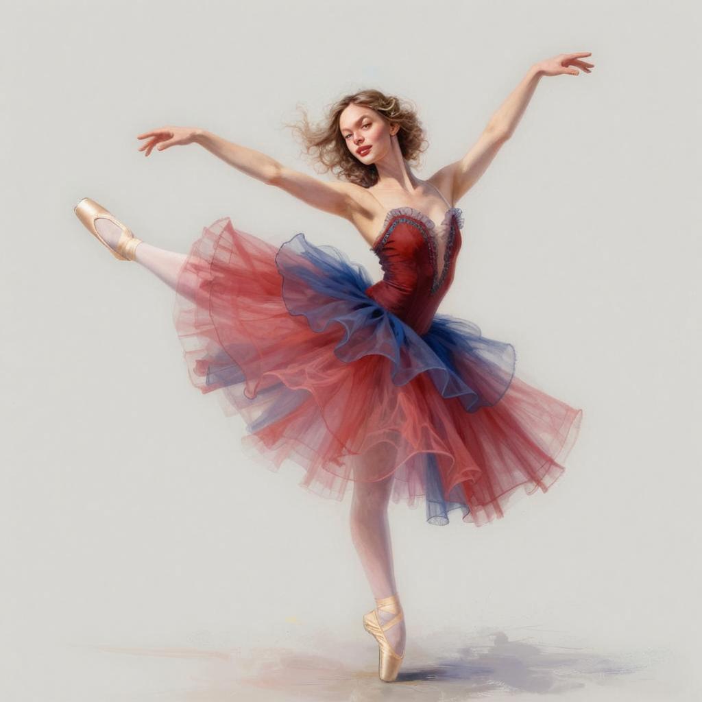 Elegant Ballet Dancer in Red and Blue Tutu Performing on Pointe