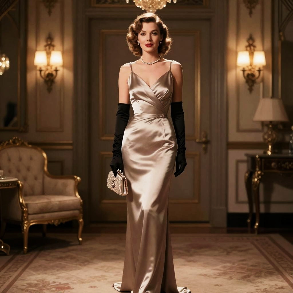 Elegant Woman in Satin Evening Gown with Vintage Hollywood Glamour