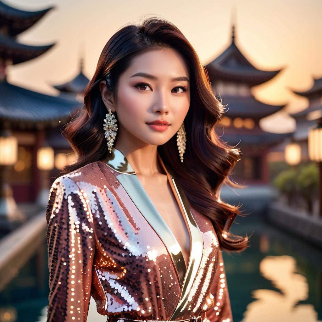 Elegant Woman in Sequined Outfit at Asian Sunset