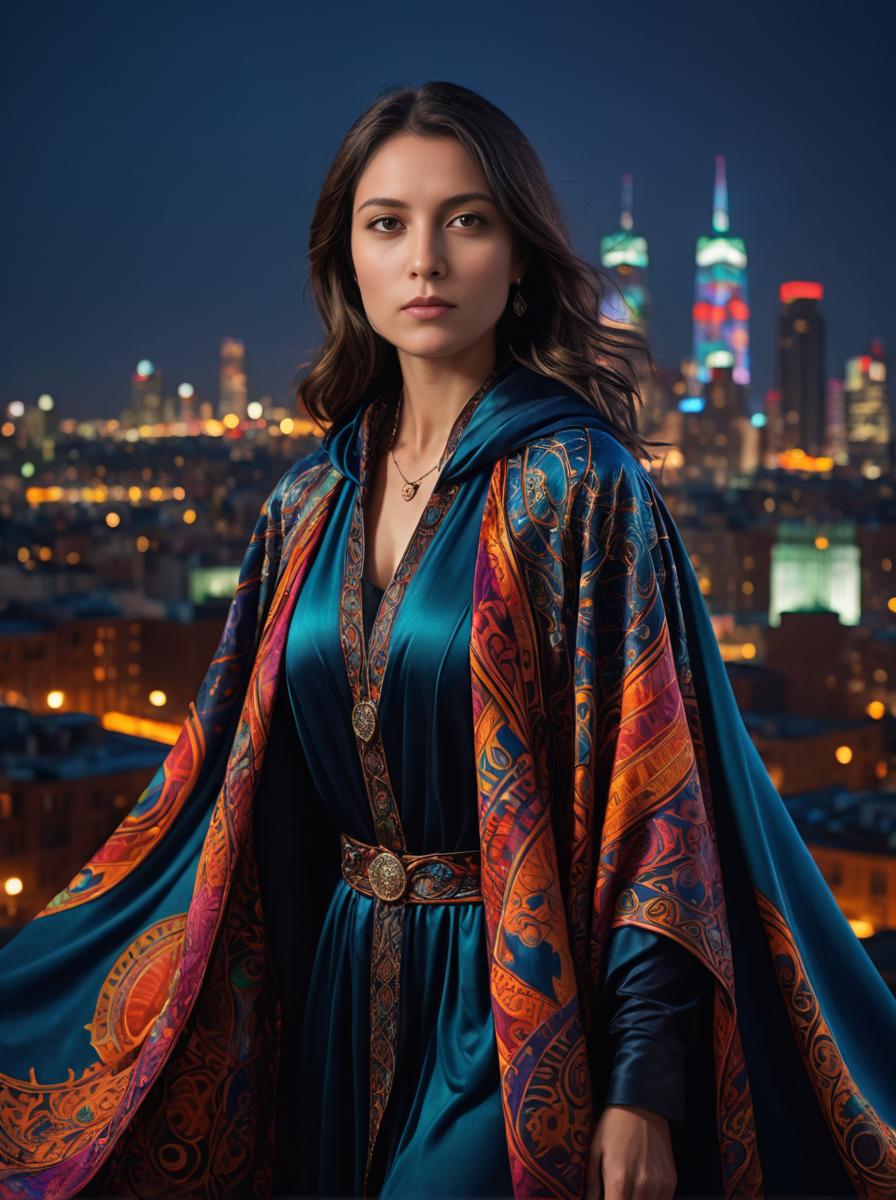 Confident Woman in Cloak Against City Skyline at Night