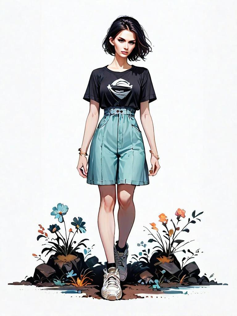 Realistic Comic Style Illustration of Woman in Minimalist Full Body Pose