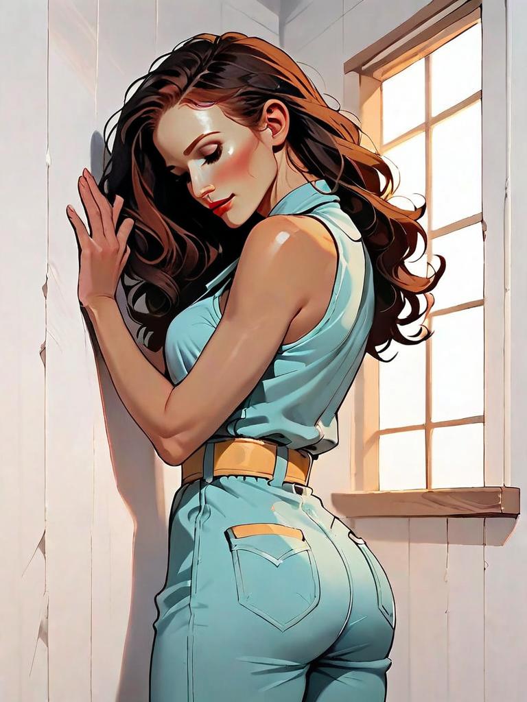 Stylish Woman in Light Blue Outfit Leaning by Window Digital Art