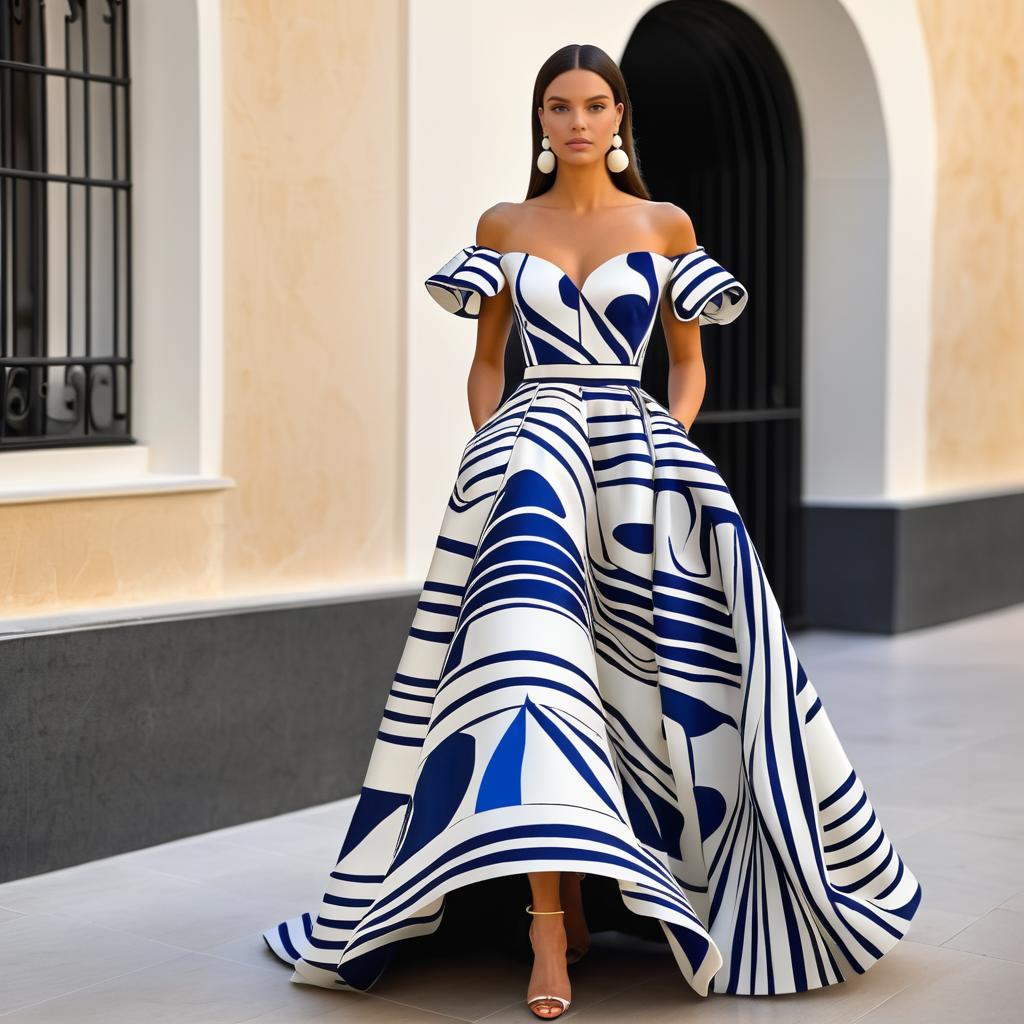 Elegant Woman in Off-Shoulder Gown with Geometric Patterns