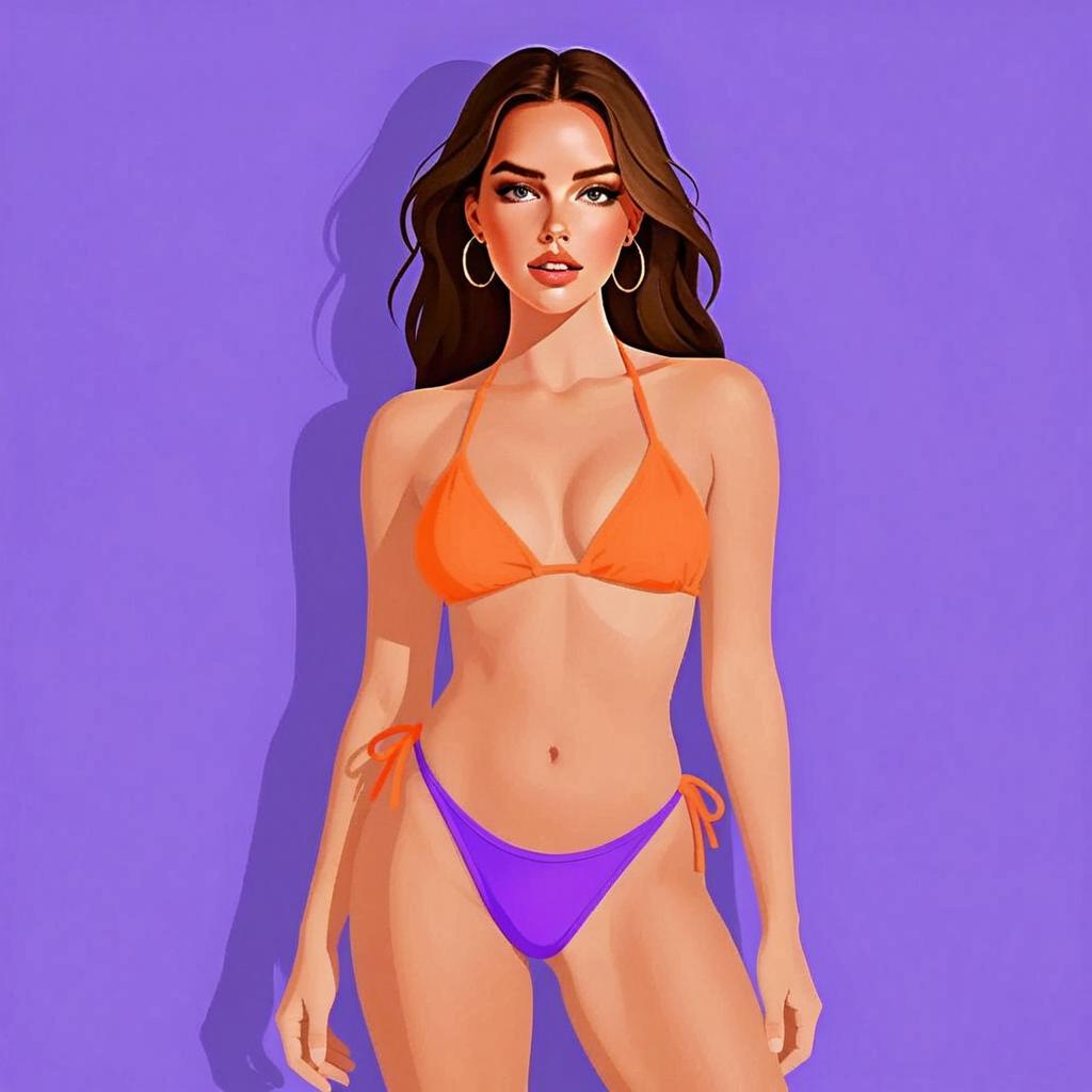Woman in Neon Orange Halter Neck Bikini with Purple Bottoms Digital Illustration
