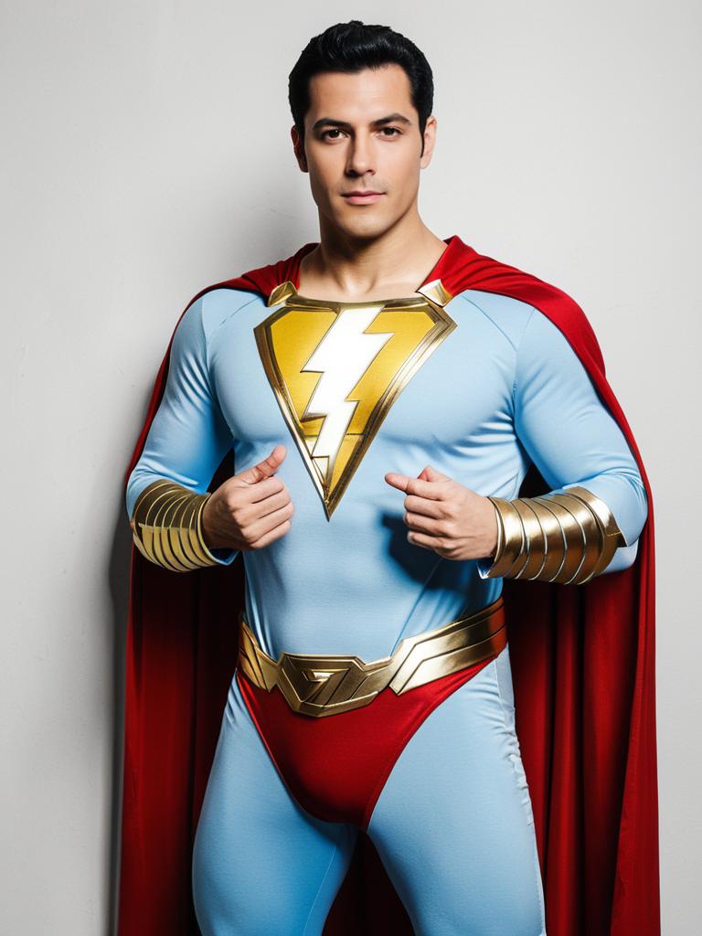 Man Cosplay Wearing Realistic Shazam Costume with Red Cape