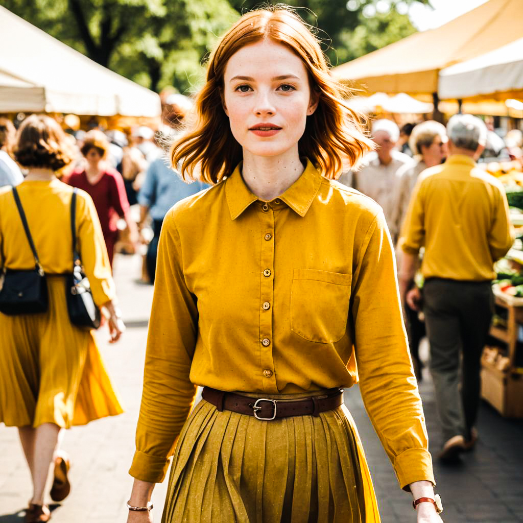 Stylish Young Woman in Mustard Outfit at Busy Market