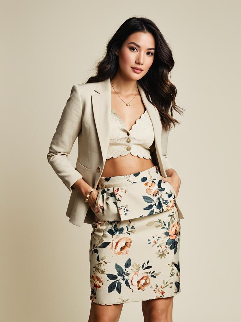 Stylish Woman in Beige Cropped Top and Floral Skirt with Blazer
