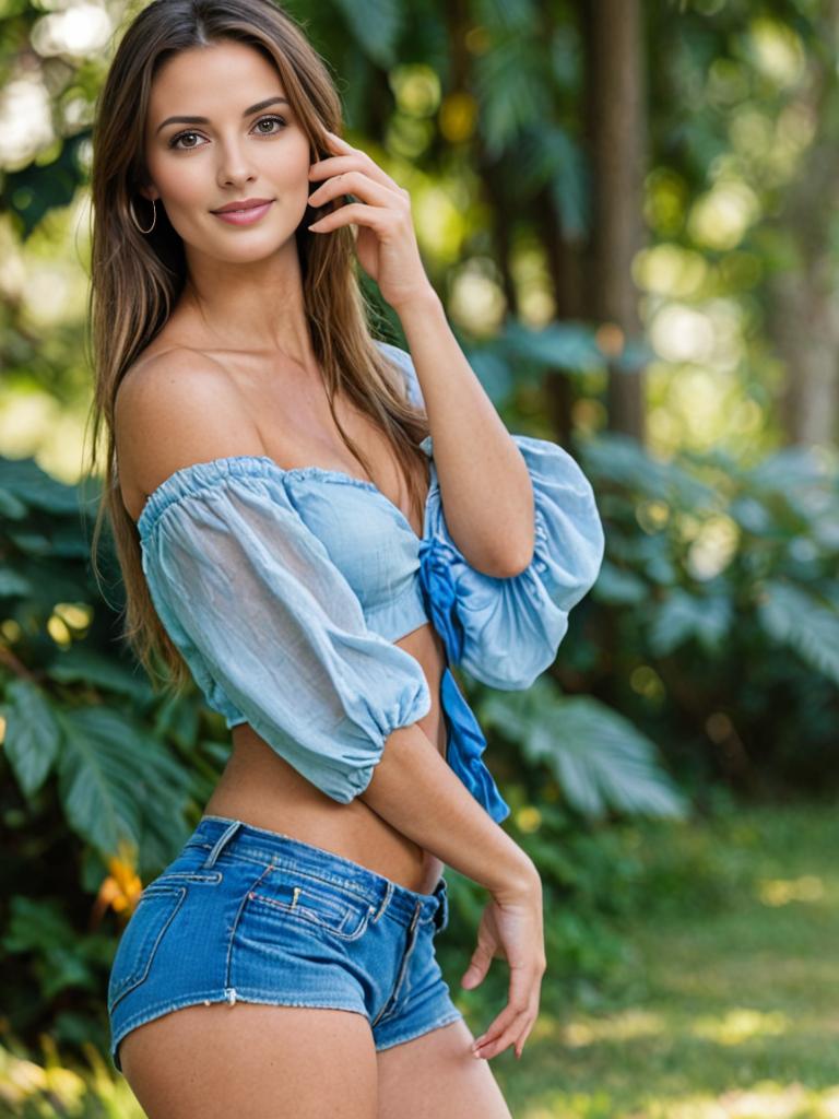 Confident Woman Outdoors in Blue Top and Denim Shorts