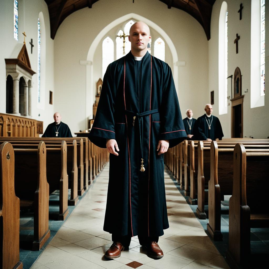 Bald Man in Clerical Robe Standing in Church Aisle with Religious Background