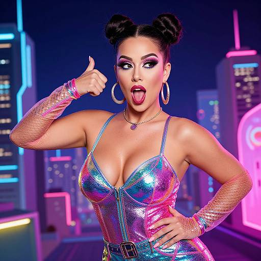 Futuristic Neon Cyberpunk Woman in Holographic Outfit