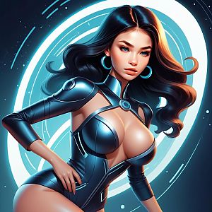 Futuristic Woman in Metallic Bodysuit with Glowing Sci-Fi Background