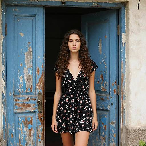 Young Woman in Floral Dress Standing by Weathered Blue Door