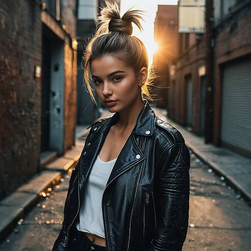 Young Woman in Leather Jacket Posing in Urban Alley at Golden Hour