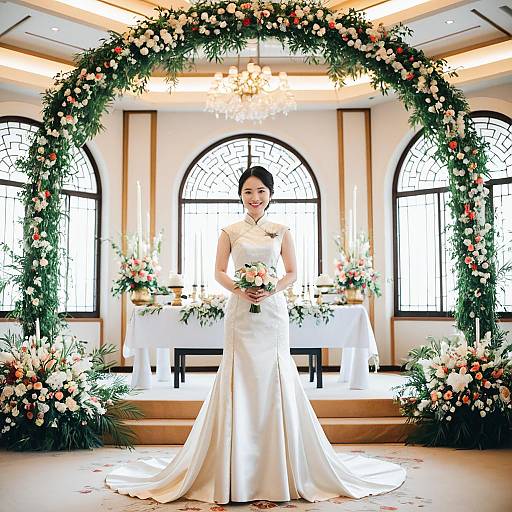Elegant Bride in Traditional White Wedding Dress Under Floral Arch