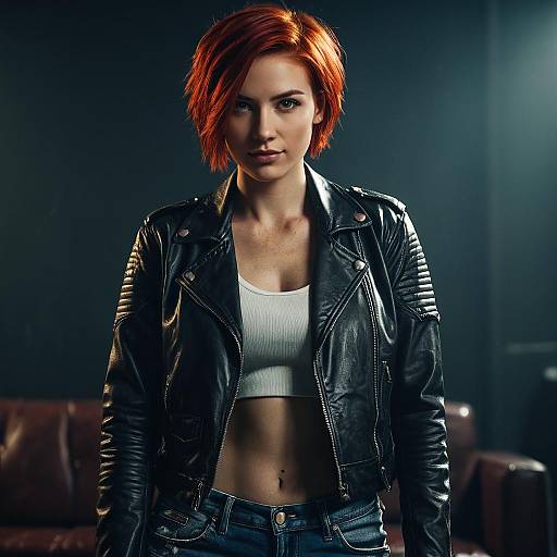 Confident Red-Haired Woman in Black Leather Jacket and White Crop Top