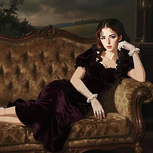 Elegant Woman in Velvet Dress Reclining on Vintage Sofa