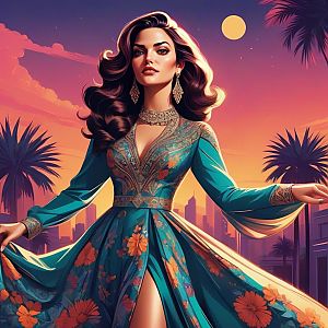 Confident Woman in Teal Dress Against Sunset Cityscape