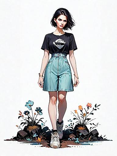 Realistic Comic Style Illustration of Woman in Minimalist Full Body Pose