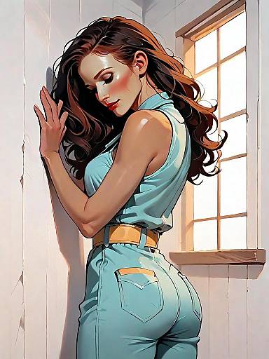 Stylish Woman in Light Blue Outfit Leaning by Window Digital Art