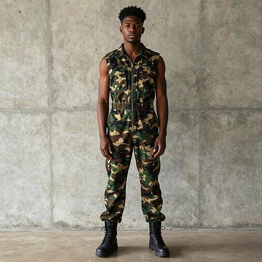 Young Man in Camouflage Sleeveless Jumpsuit and Combat Boots