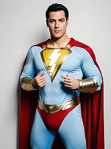 Man Cosplay Wearing Realistic Shazam Costume with Red Cape