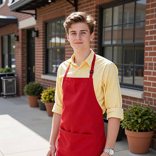 Young Man in Red Apron Standing Outside Cafe with Potted Plants