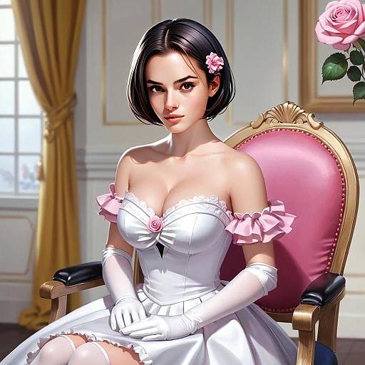 Elegant Young Woman in White Dress Sitting on Pink Chair in Classic Interior