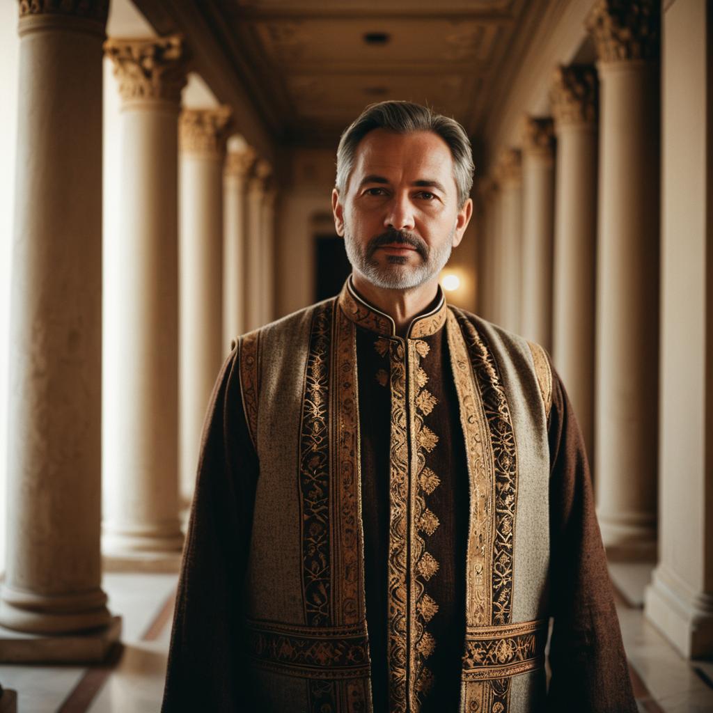 Middle-Aged Man in Embroidered Traditional Robe Standing in Classical Corridor