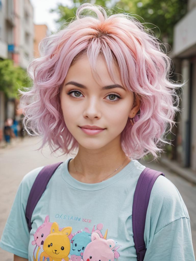 Happy Anime Girl with Pastel Hair in Harajuku Fashion