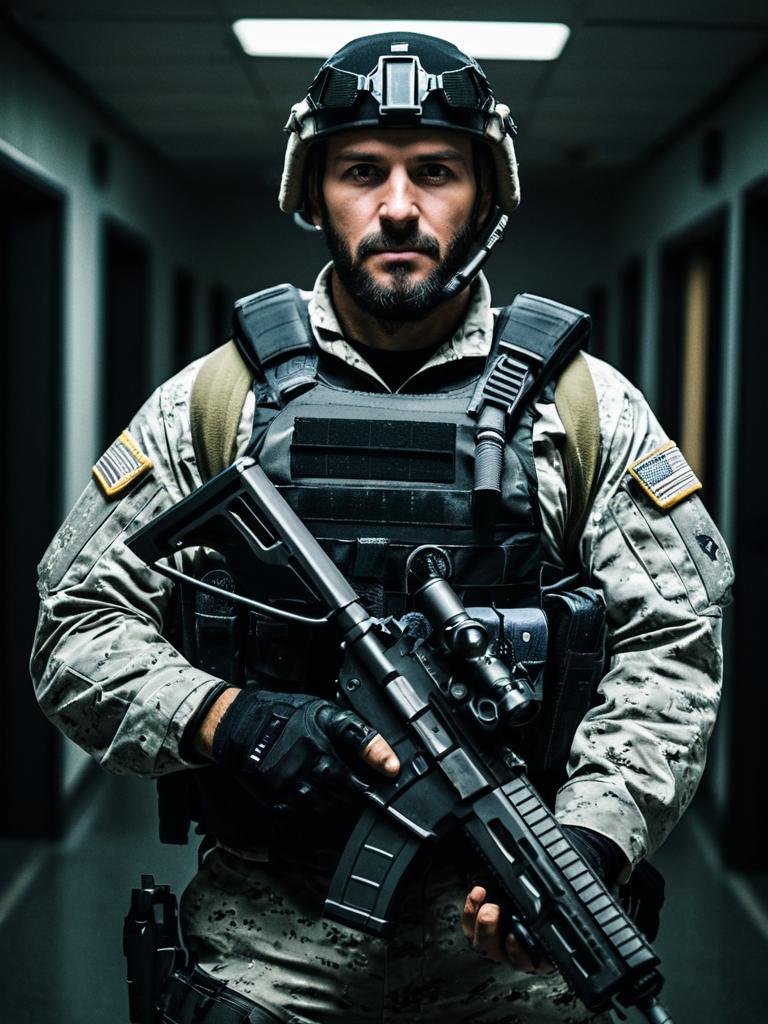 Soldier in Tactical Gear with Assault Rifle