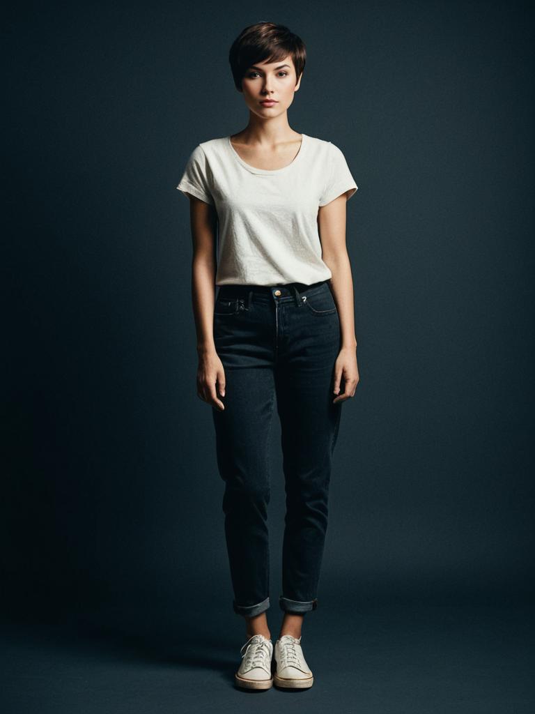 Full Body Editorial Portrait of Woman with Dark Brown Pixie Cut in Casual Attire