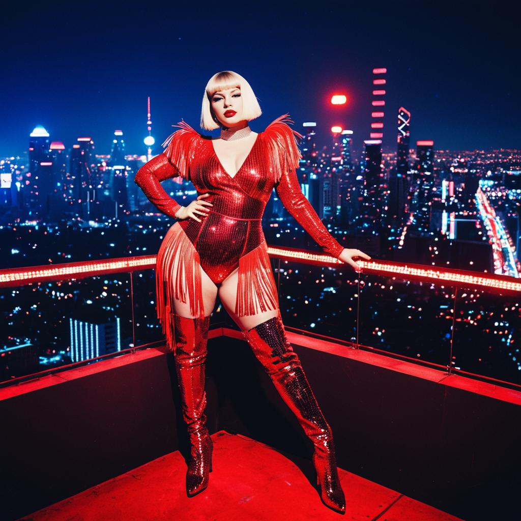 Futuristic Glam Woman in Red Sequin Outfit on Urban Rooftop