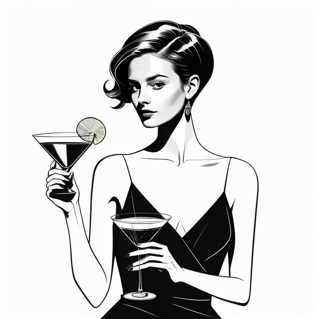 Elegant Woman Holding Martini Glasses Black and White Illustration