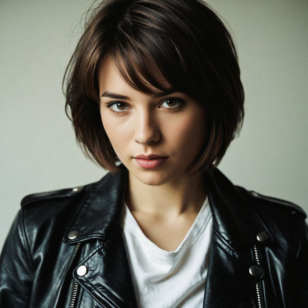 Confident Young Woman in Leather Jacket