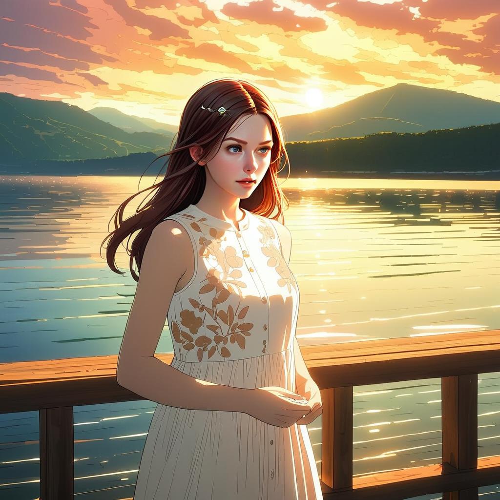 Young Woman by Serene Lake at Sunset