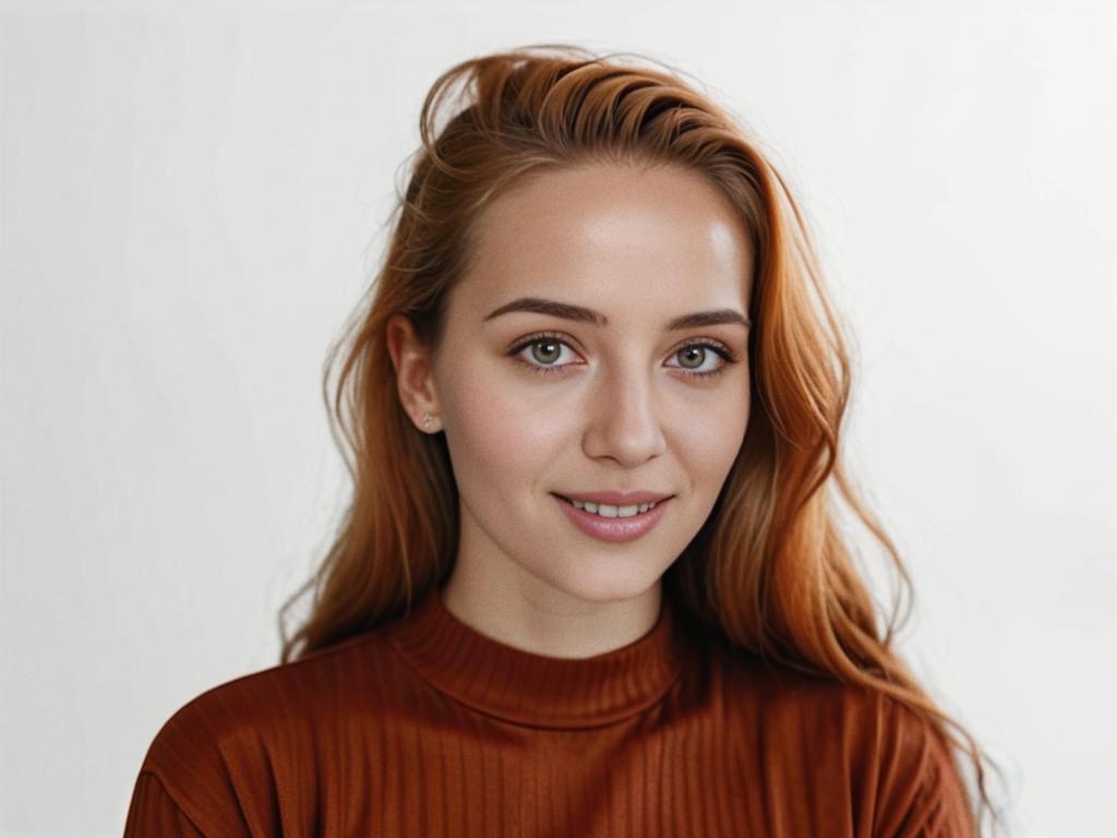 Young Woman with Wavy Red Hair in Brown Sweater