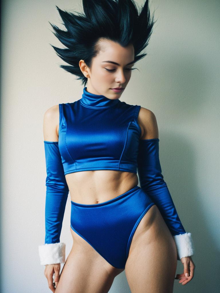 Woman in Blue Vegeta Costume Inspired by Dragon Ball Anime